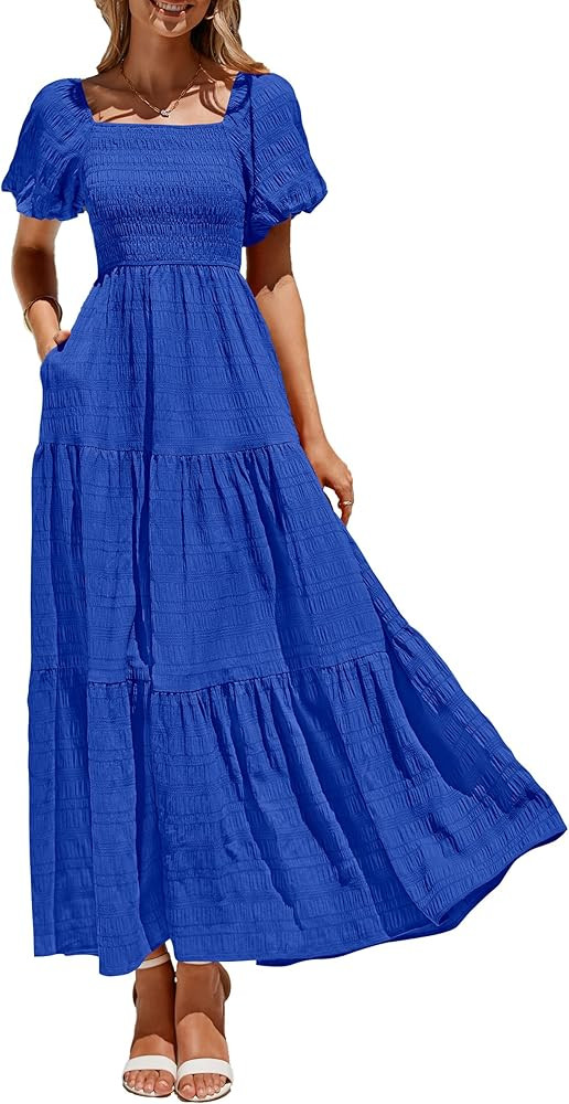 PRETTYGARDEN Womens Summer Puff Short Sleeve Maxi Dress Square Neck Smocked Tiered Ruffle A Line ... | Amazon (US)