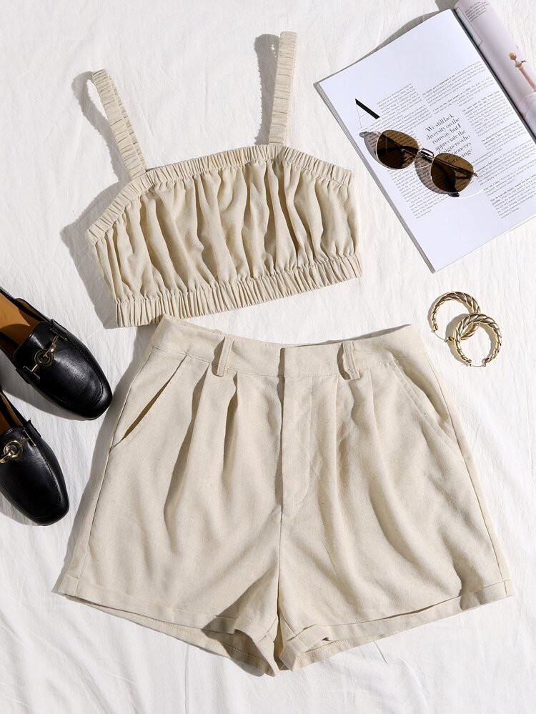 SHEIN Ruched Crop Cami Top & Shorts Set Without Belt | SHEIN