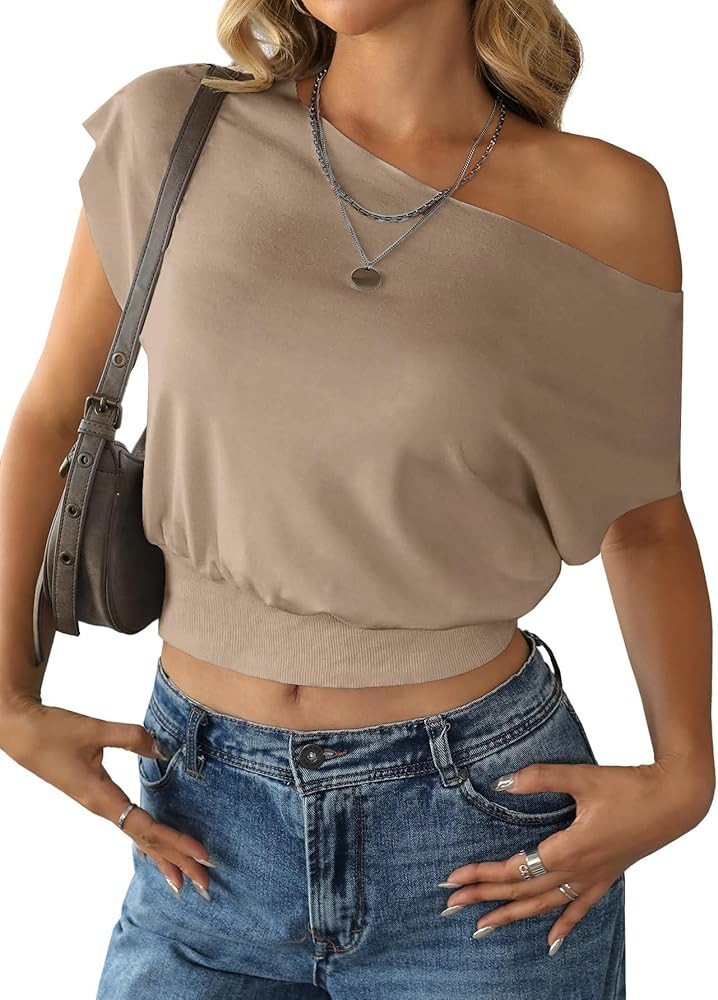 SOFIA'S CHOICE Women's Off The Shoulder T Shirt Crop Top Casual Summer Dolman Sleeve Asymmetrical... | Amazon (US)
