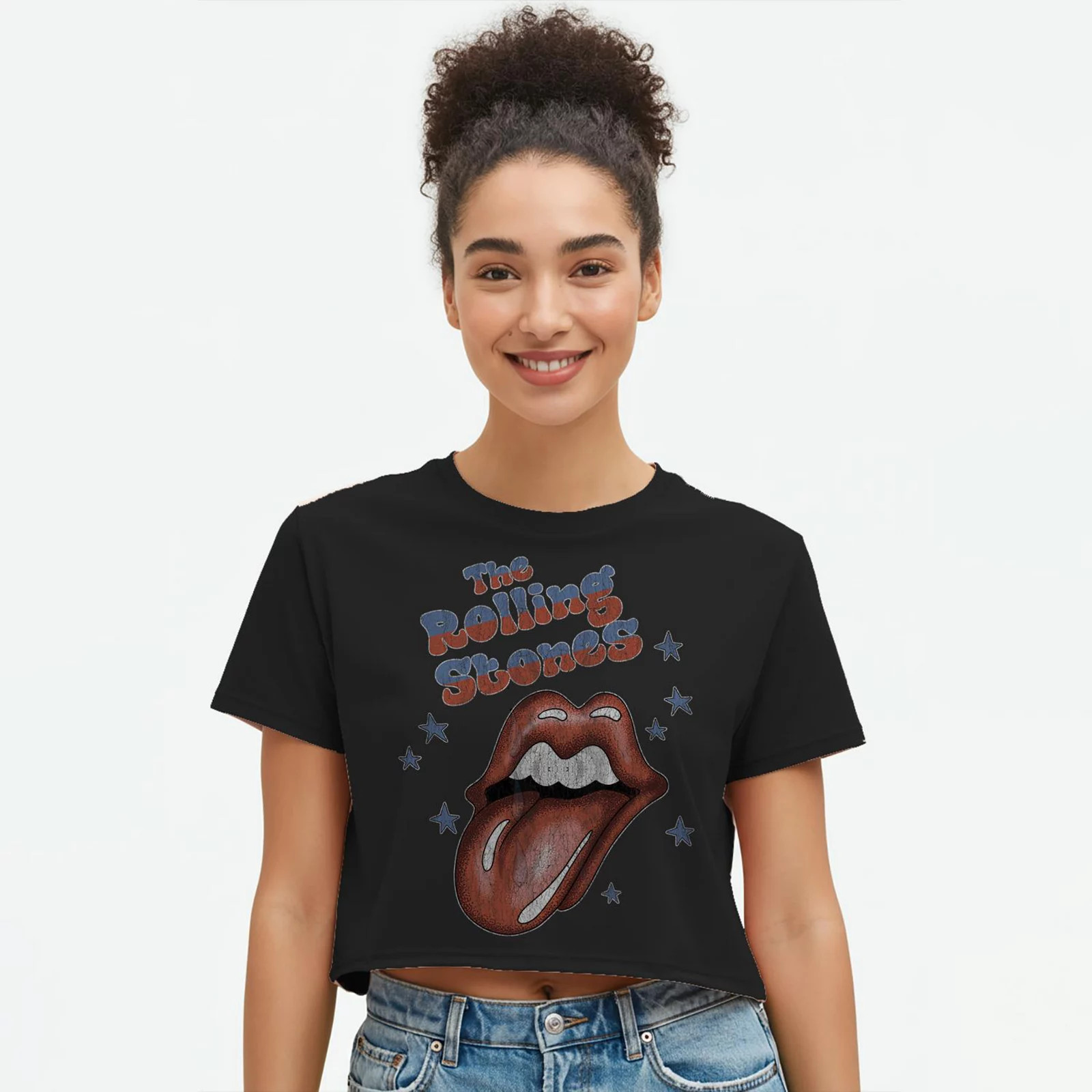 Juniors' Rolling Stones Tongue Out Cropped Graphic Tee, Girl's, Size: Medium, Black | Kohl's