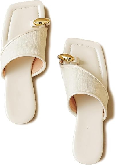 Lymphvity Women's Ring Toe Metal Flat Sandals Summer Slip-on Square Open Toe Non-Slip Beach Flats... | Amazon (US)