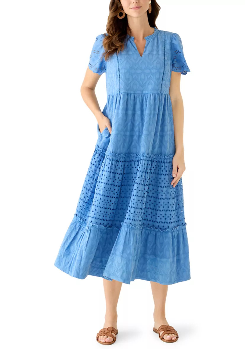Women's Short Sleeve Flutter Eyelet Midi Dress | Belk