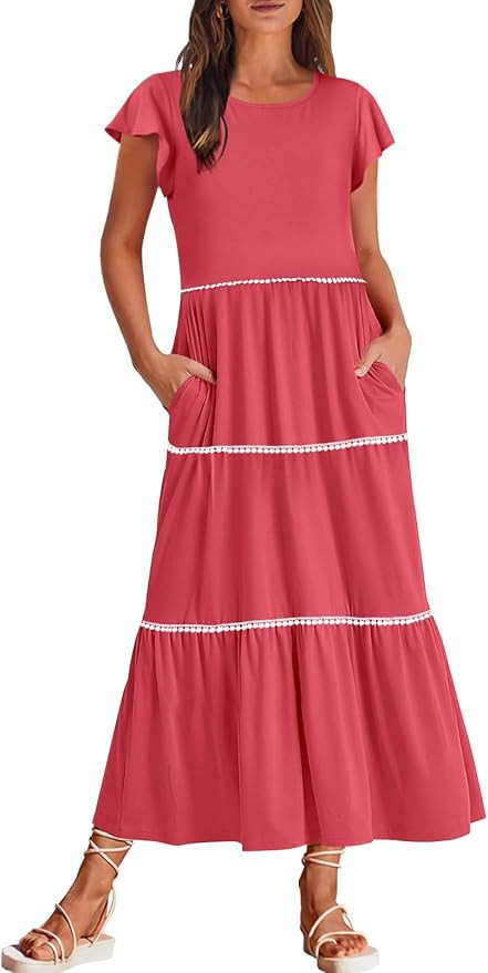 MEROKEETY Women's Summer Flutter Short Sleeve Midi Dress Casual Crewneck Flowy Tiered Beach Dress... | Amazon (US)