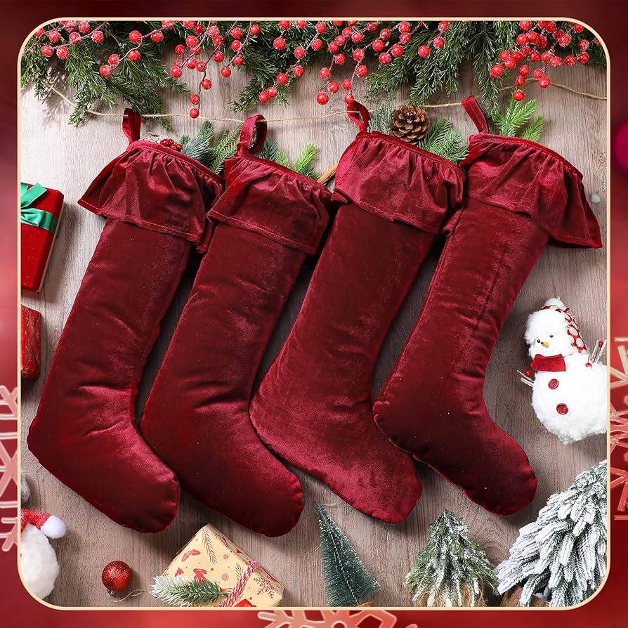4 Pcs 11.8 x 19 Large Wine Red Velvet Christmas Stocking Xmas Plush Stocking Fireplace Decor Hang... | Amazon (US)