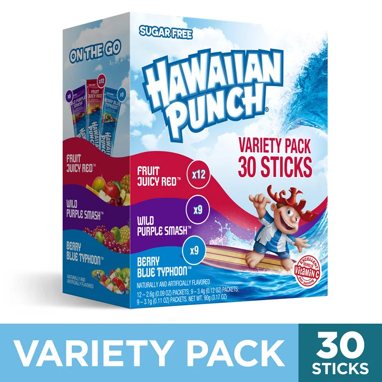 Hawaiian Punch Powder Drink Mix Variety Pack, Red, Blue, & Purple, Sugar-Free, 30 Count | Walmart (US)