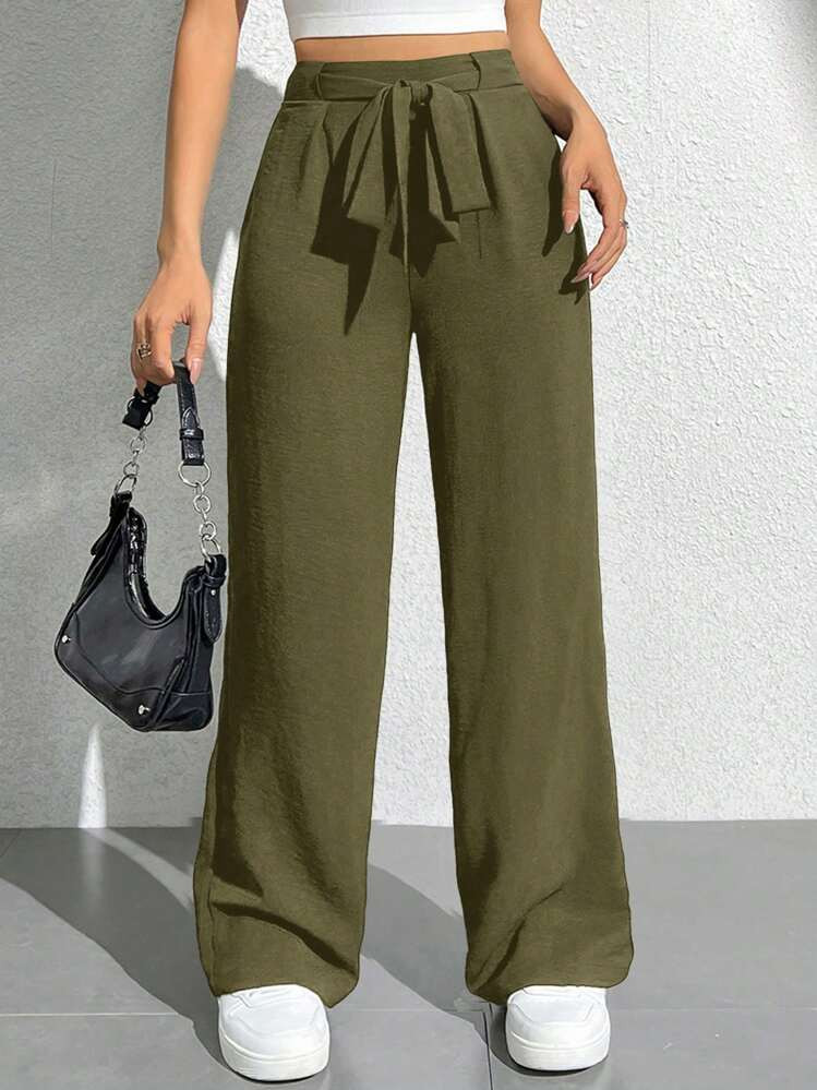 SHEIN PETITE Solid Color Belted Wide Leg Pants, Long | SHEIN