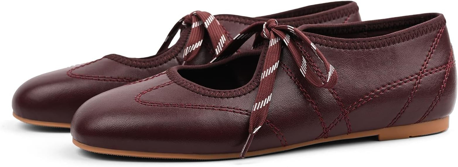 Women's Lace Up Round Toe Ballet Flats Bow Slip On Mary Jane Flats Comfortable Casual Ballerina S... | Amazon (US)