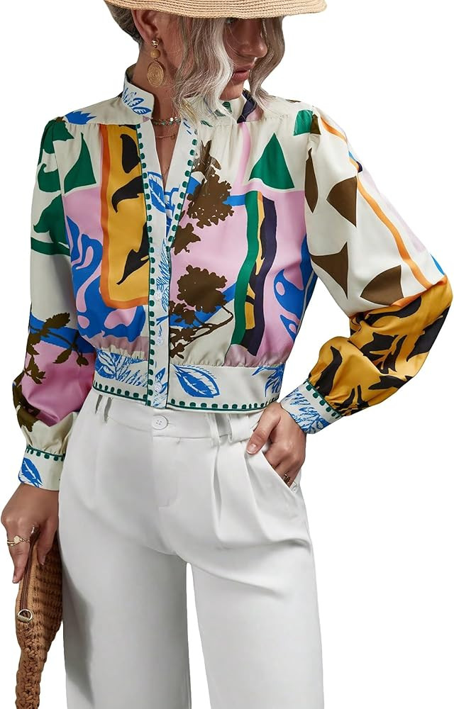 SOLY HUX Women's Graphic Print Notched Neck Blouses Long Bishop Sleeve Casual Shirt Tops | Amazon (US)