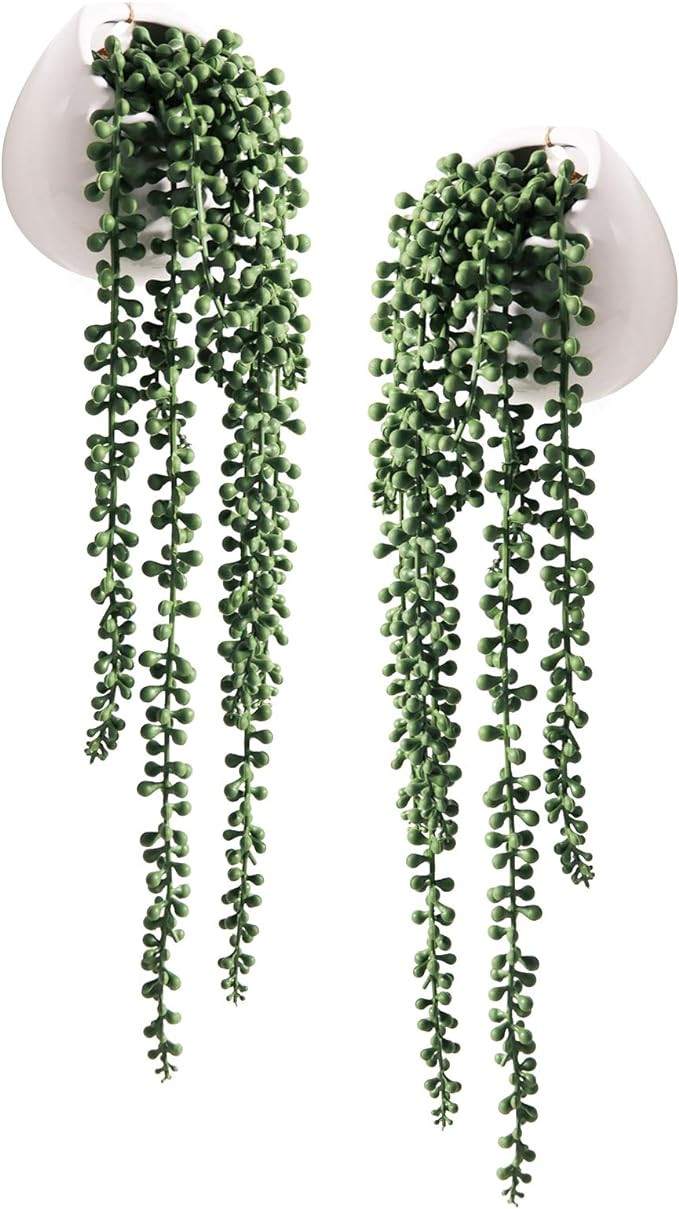 Artificial Succulents Hanging Plants, Fake String of Pearls Plants in White Ceramic, Set of 2 | Amazon (US)