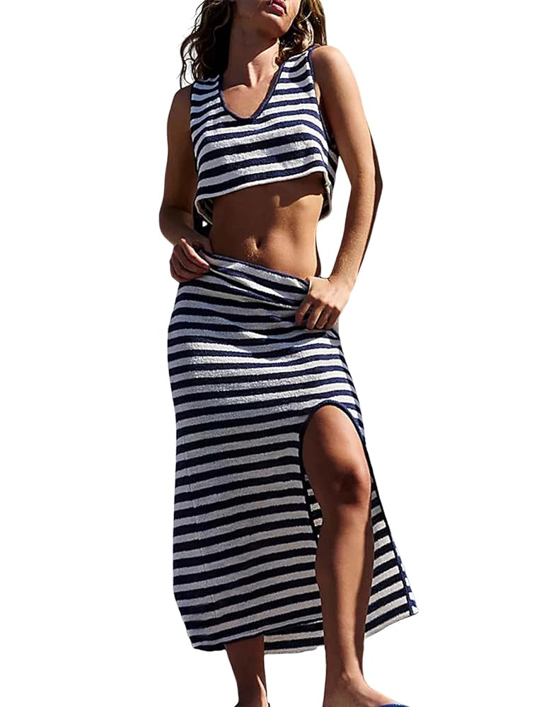 Watashi Two Piece Skirt Sets Outfits for Women Summer Sleeveless Knitted Sweater Striped Maxi Ski... | Amazon (US)