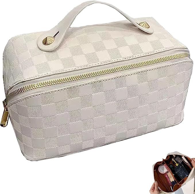 lomkya Checkered Makeup Bag Large Cosmetic Bag PU Leather Makeup Bag Storage For Women Girls Trav... | Amazon (US)