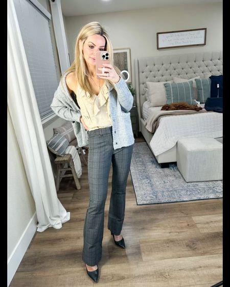 Winter office outfit 
Business casual work outfits for women 

Shawl sweater cardigan size xsmall
Ruffle cami size small

Work slacks size 2
Office outfit 

#LTKFind #LTKsalealert #LTKworkwear