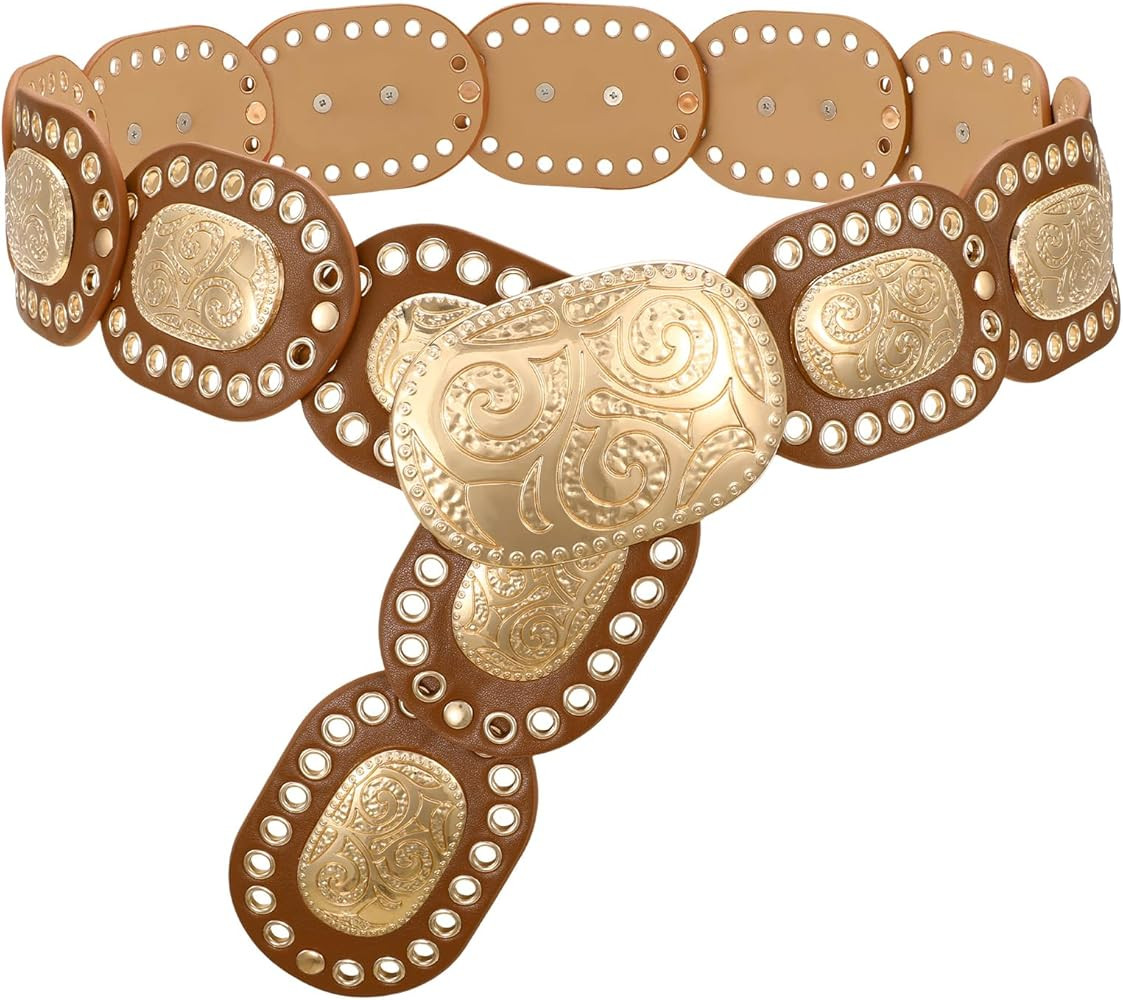 SANSTHS Women Concho Wide Western Disc Belt for Jeans Dress, Cowgirl Cowboy Boho Belt for Ladies | Amazon (US)