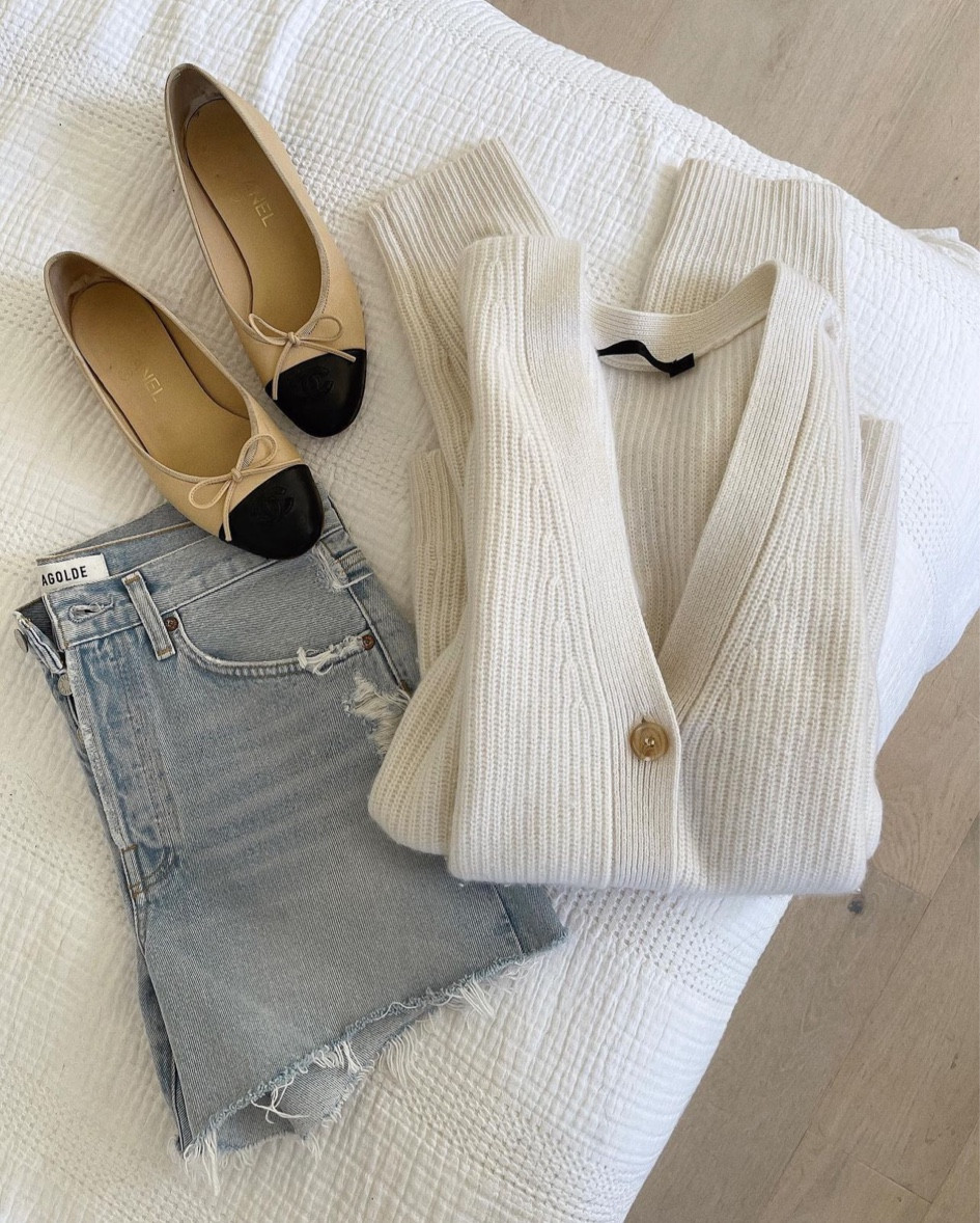 Shorts + sweater weather. Love a classic combo of denim shorts paired with a white cardigan, finished off with cap toe flats. 〰️ I recommend sizing down in this Jenni Kayne cashmere cocoon cardigan. 

#LTKstyletip #LTKFind #LTKSeasonal