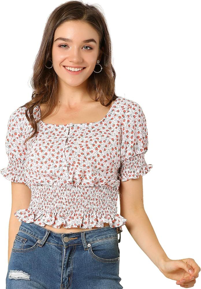 Allegra K Women's Smocked Floral Top Blouse Ruffle Peplum Button Down Blouse Shirt | Amazon (US)