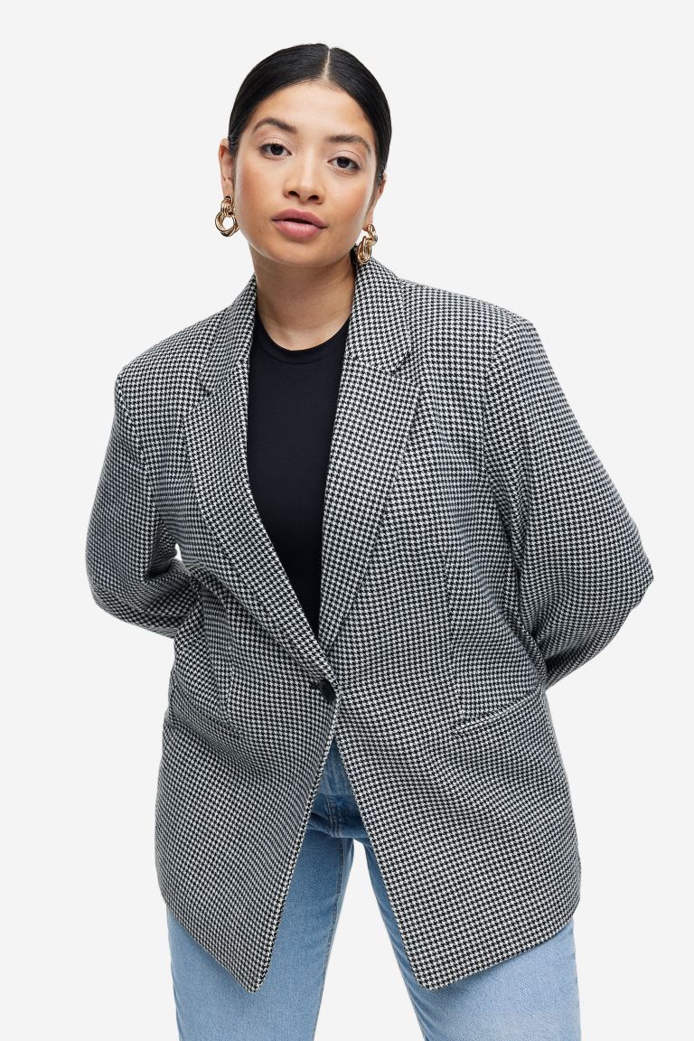 Oversized Twill Blazer - Black/houndstooth-patterned - Ladies | H&M US | H&M (US + CA)