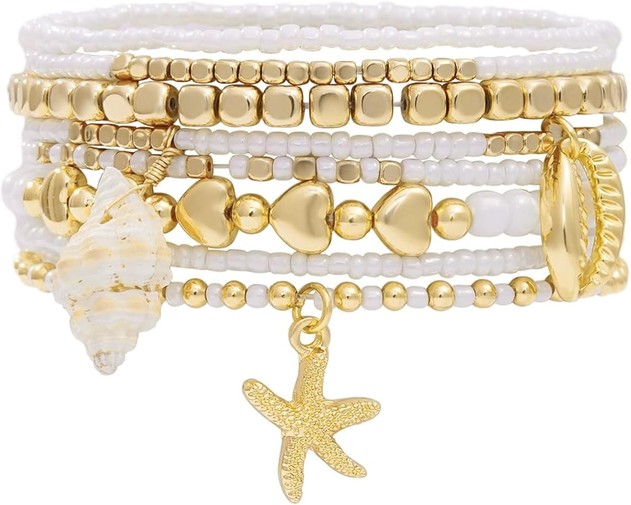 Shell Bracelet Boho Beaded Stretch Bracelets for Women Seashell Summer Beach Bracelets Starfish C... | Amazon (US)