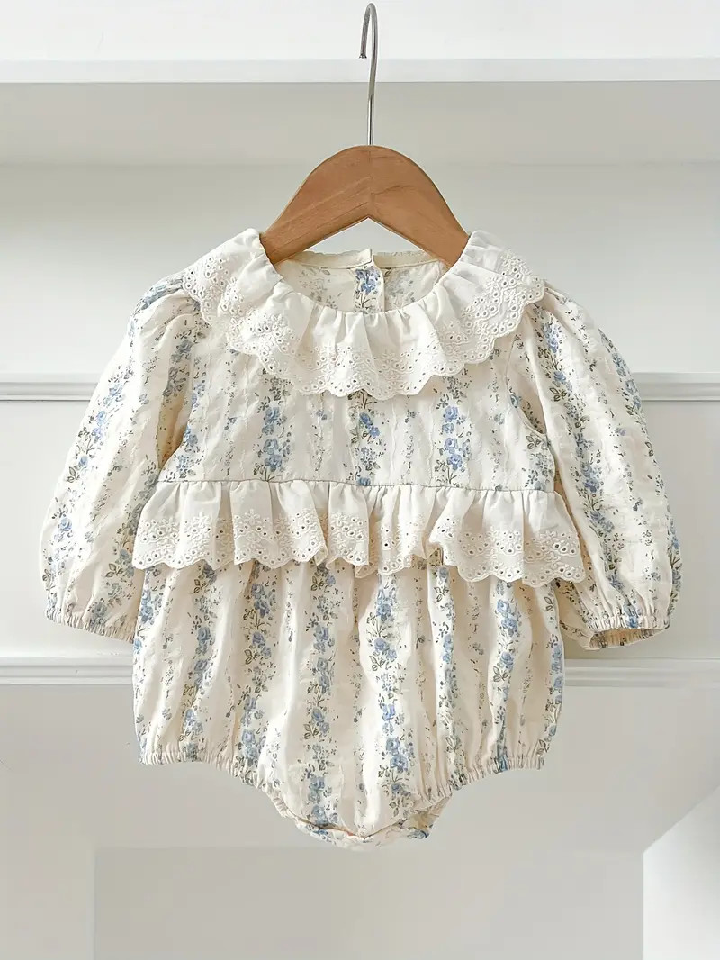 Baby Girl's Comfortable Long Sleeves Lace Decor Floral Print Cotton Triangle Jumpsuit For Leisure... | Temu Affiliate Program