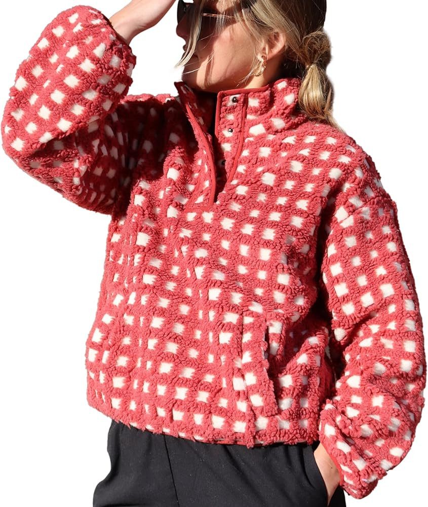 Checkered Fleece Sweatshirt for Women Long Sleeve High Neck Fuzzy Sherpa Hoodie Winter Plaid Pull... | Amazon (US)