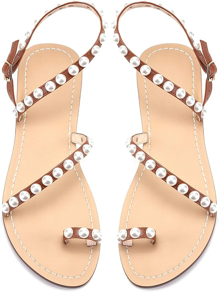 JF shoes Women's Crystal with Rhinestone Bohemia Flip Flops Summer Beach T-Strap Flat Sandals | Amazon (US)