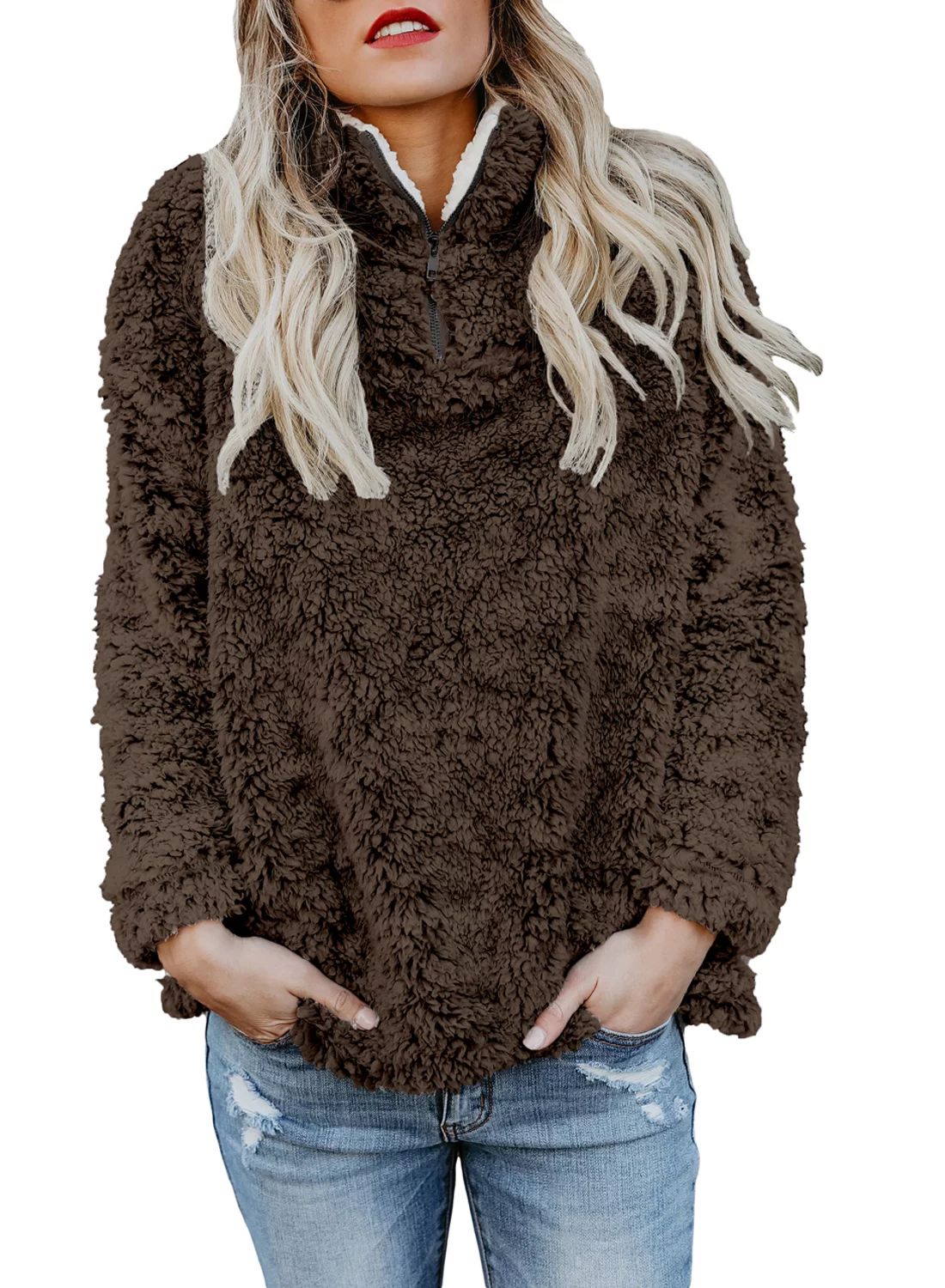 Dokotoo Womens Khaki Long Sleeve 1/4 Zip Up Lapel Fleece Sweatshirt Warm Pullover Size 2X-Large U... | Walmart (US)