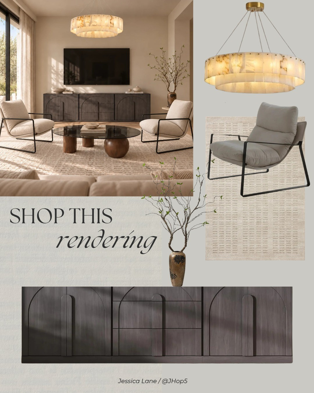 Organic modern living room with a statement charcoal cabinet, glass coffee table, cozy cream chairs, and a warm alabaster chandelier.

#LTKHome #LTKSaleAlert