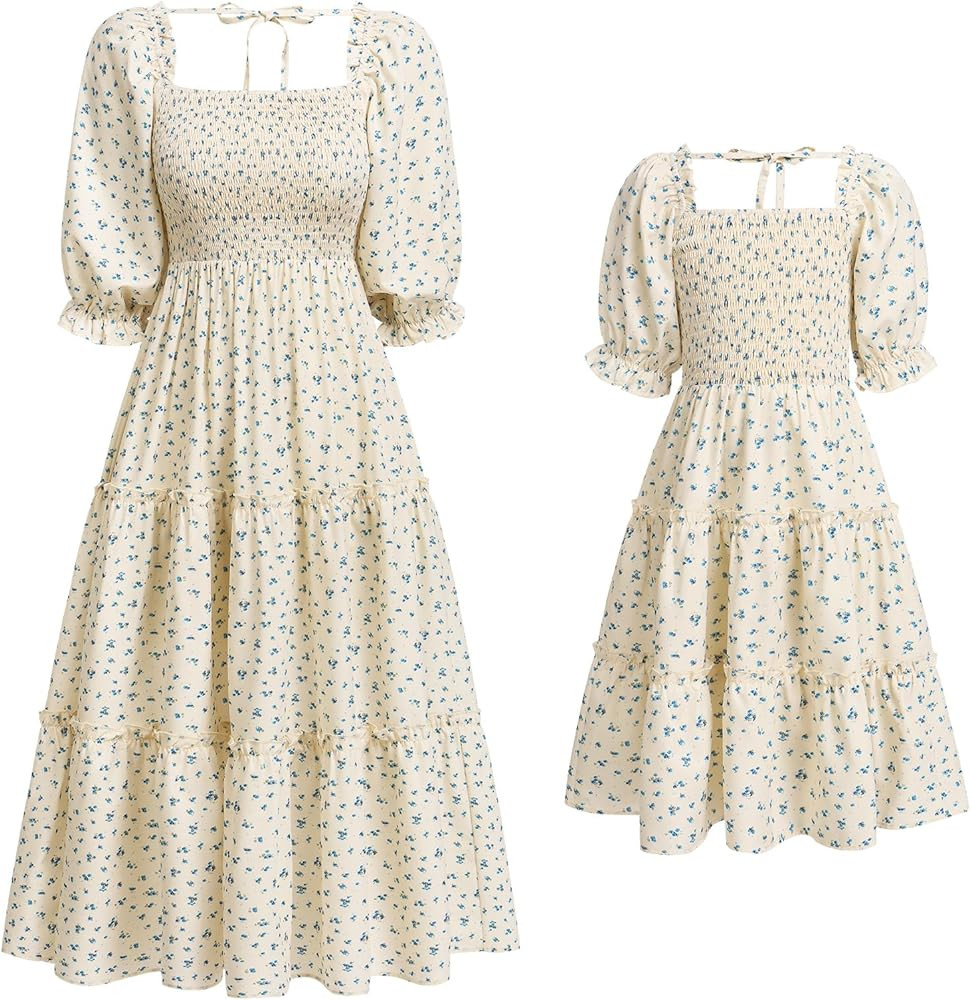 Mommy and Me Matching Dresses Floral Printed Ruffled Lantern Sleeves A-Line Long Dress Mom Daught... | Amazon (US)