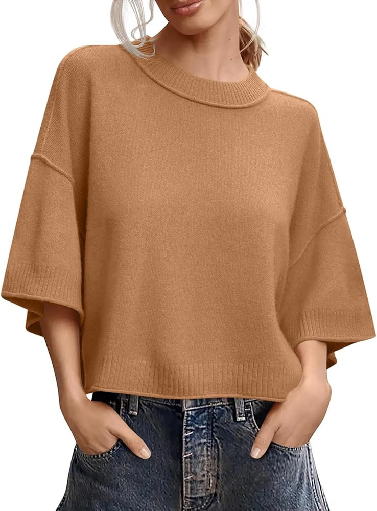 Women's Short Sleeve Cropped Sweaters 2025 Summer Oversized Loose Fit Drop Shoulder Casual Sweate... | Amazon (US)