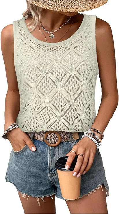 Women's Hollow Sweater Vest Crochet Tank Tops Knit Out Sleeveless Cover Up Summer Boho Top Pullov... | Amazon (US)
