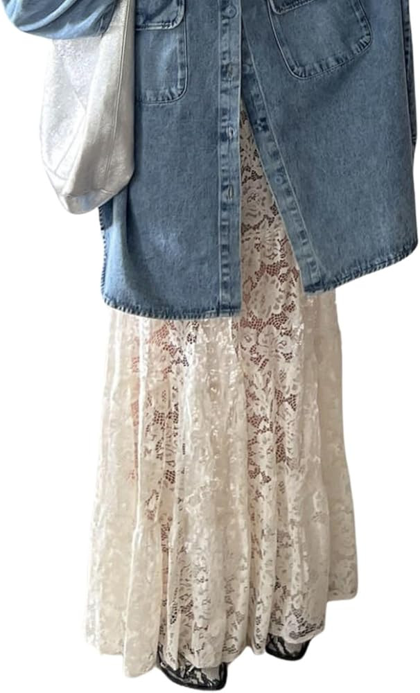Women Tiered Sheer Lace Maxi Skirt Elastic Waist High Rise Flowy A-Line Sexy See Through Long Ski... | Amazon (US)