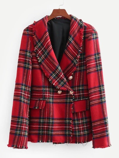 Blazer à carreauxx avec ourlet effiloché | SHEIN