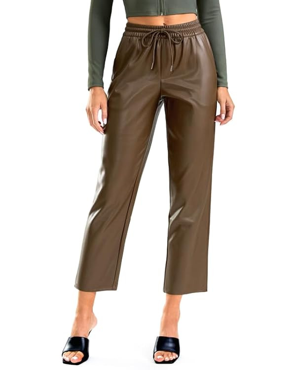 SANTINY Women's Faux Leather Pants High Waisted Straight Leg Cropped Ankle Trousers Vegan Matte P... | Amazon (US)