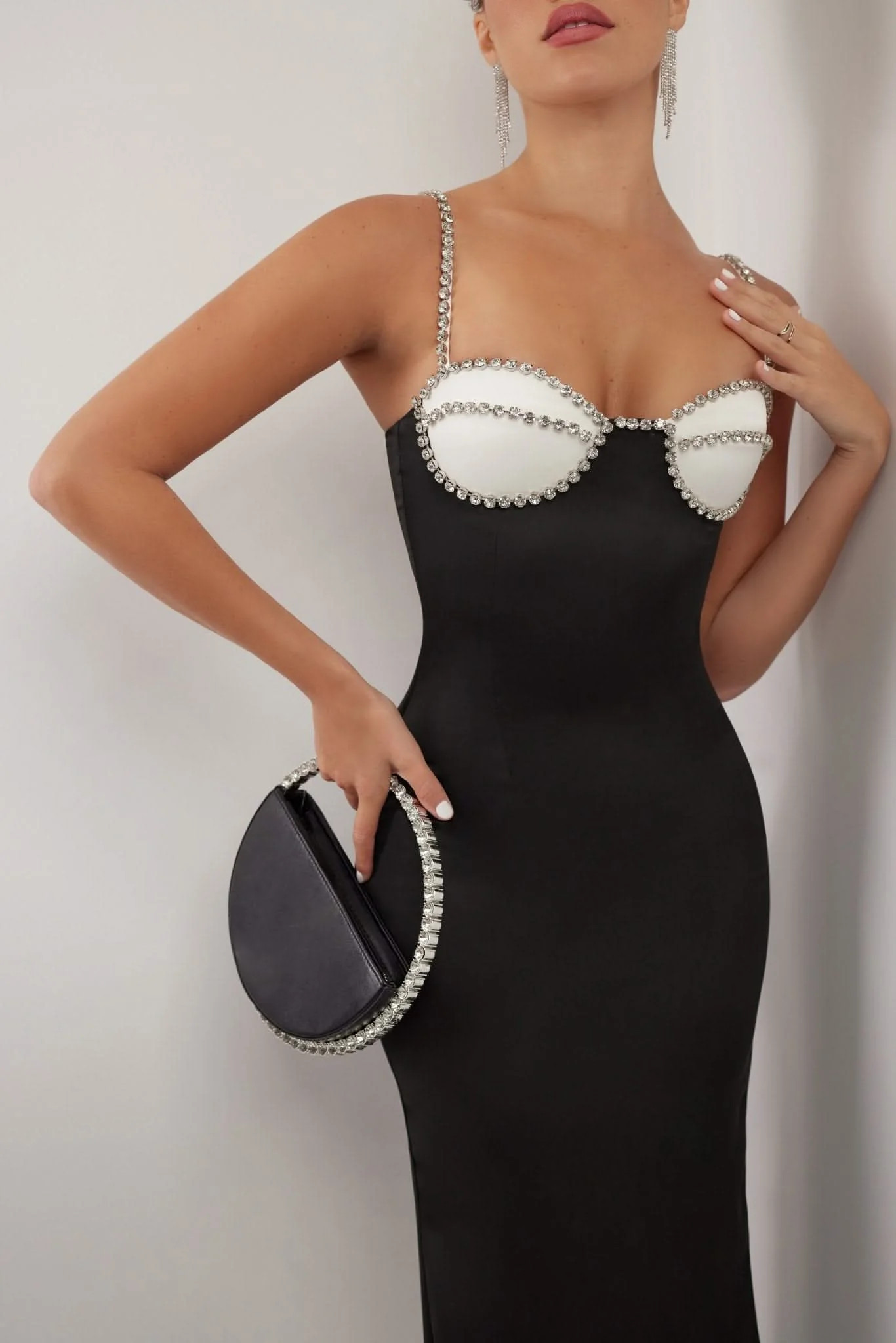 Black crystal trimmed bustier maxi dress | Heiress Beverly Hills