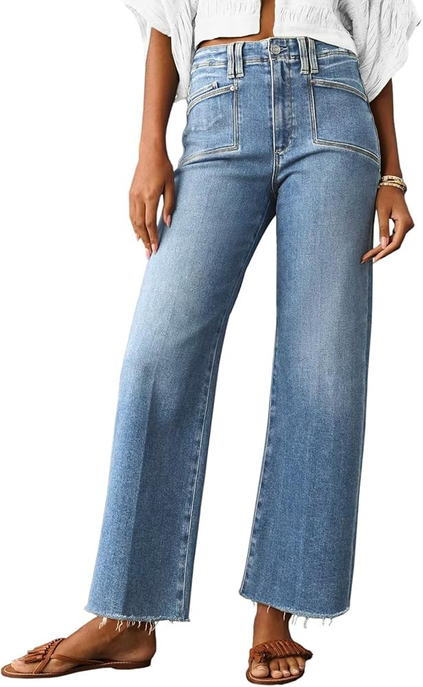 Cicy Bell Womens High Waisted Cropped Jeans Trendy Stretchy Baggy Straight Leg Raw Hem Capri Deni... | Amazon (US)