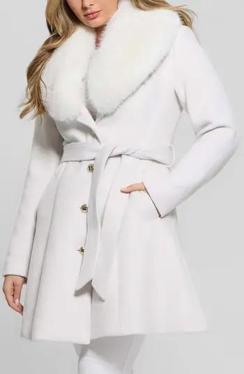 GUESS Eve Belted Coat & Removable Faux Fur Collar | Nordstrom | Nordstrom