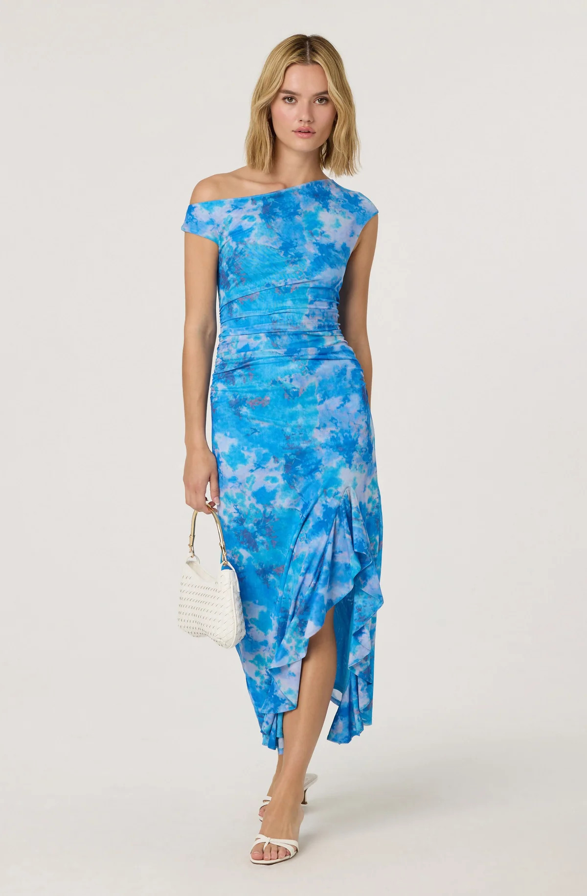 Off Shoulder Ruffle Midi Dress - Blue watercolor / XS | ASTR The Label (US)