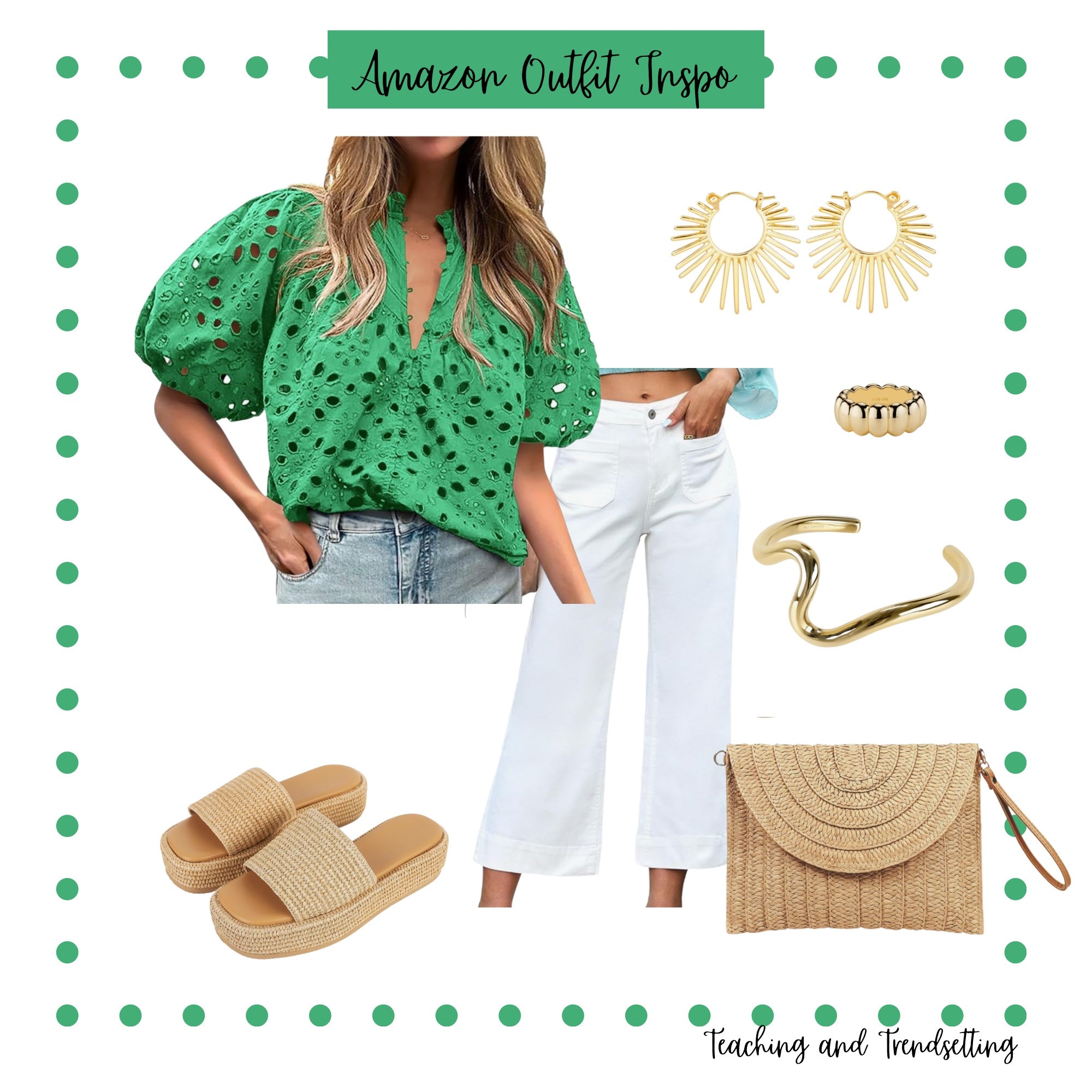 Fresh, fun, and effortlessly chic! 🍃 This green top paired with crisp white pants is the perfect combo for a spring day or a casual brunch date. Add some golden and tan accessories for that little extra pop, and you've got a look that's both stylish and versatile. Whether you're out shopping or meeting friends, this outfit will have you feeling fab and looking flawless from head to toe. ✨ #OOTD #SpringStyle #AmazonFashion