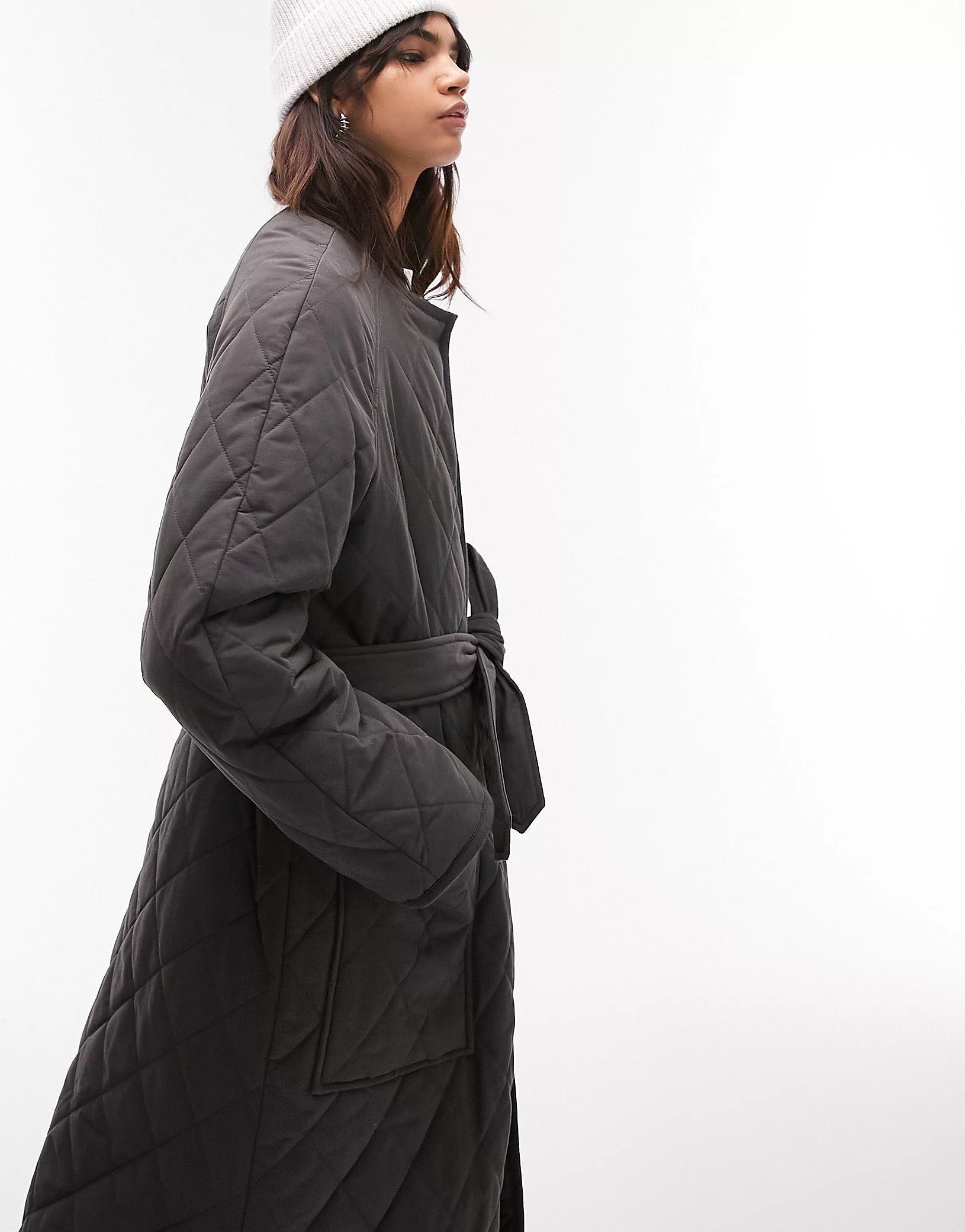 Topshop collarless quilted coat in charcoal | ASOS (Global)