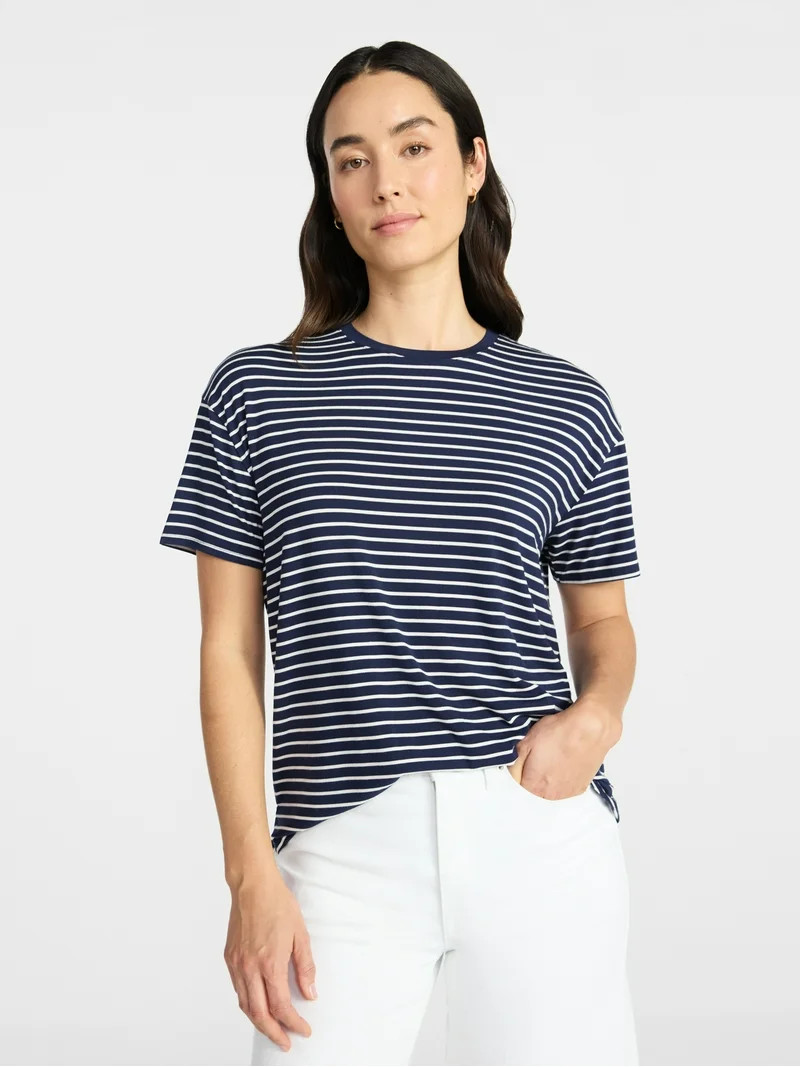 Time and Tru Women's Crewneck Tunic Tee with Short Sleeves, Sizes XS-XXXL | Walmart (US)