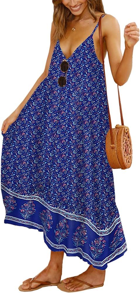 Angashion Women's Dresses Floral Adjustable Spaghetti Strap V Neck Boho Long Maxi Dress Summer Beach | Amazon (US)