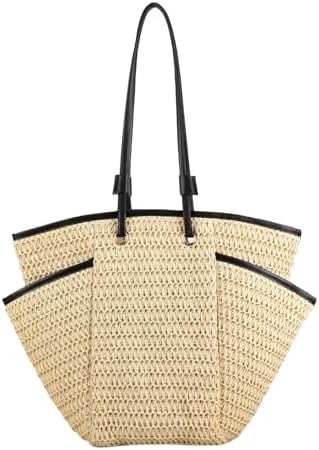 Straw Purse Woven Beach Basket Bucket Tote Bag Lined Handwoven Summer Vacation Leather Handle Han... | Walmart (US)