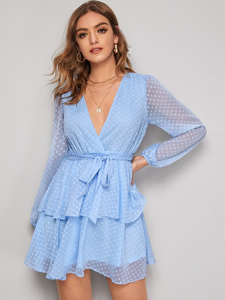 SHEIN Surplice Wrap Layered Ruffle Hem Belted Swiss Dot Dress | SHEIN