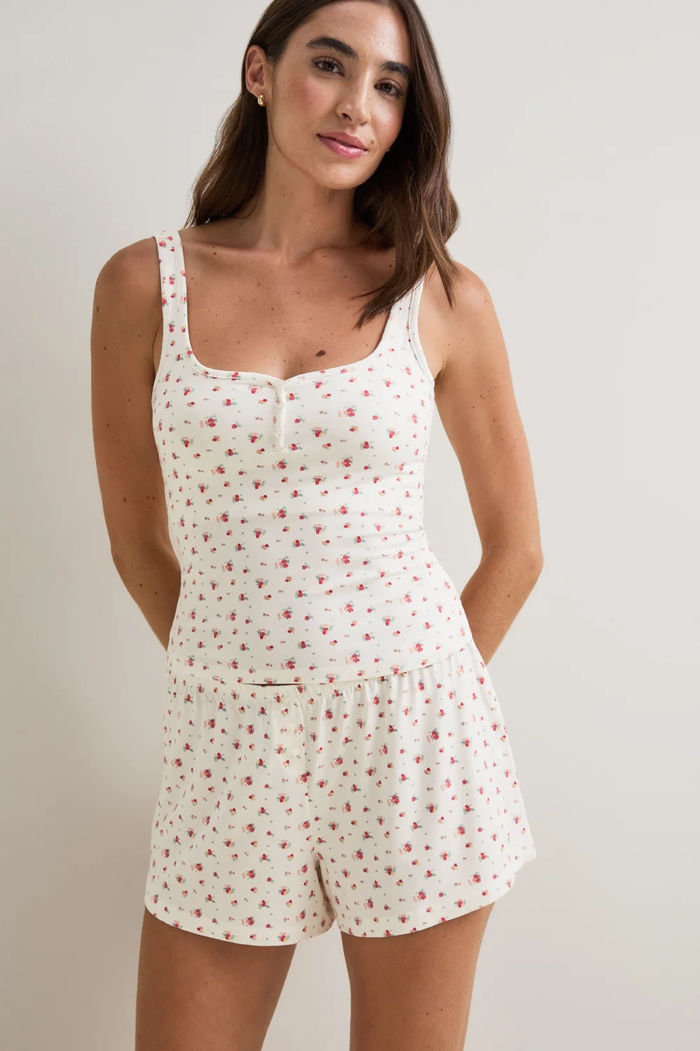 Button Pyjama Shorts - Ivory Floral Print | TALA (UK)
