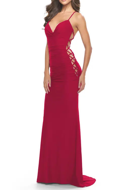 La Femme Unique Jersey Dress with Open Criss Cross Sides in Red at Nordstrom, Size 0 | Nordstrom