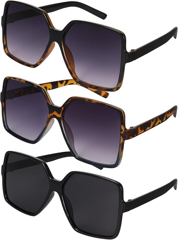 3 Pcs Women Oversized Sunglasses, UV 400 Ladies Glasses Rectangle Sungalsses Retro Square Sunglas... | Amazon (UK)