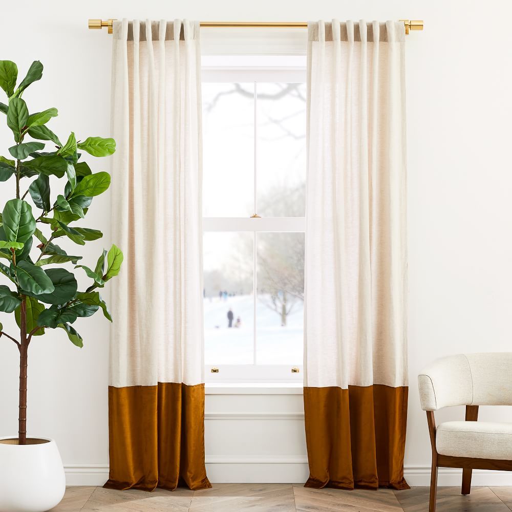 European Flax Linen & Luster Velvet Curtain - Natural/Golden Oak | West Elm (US)