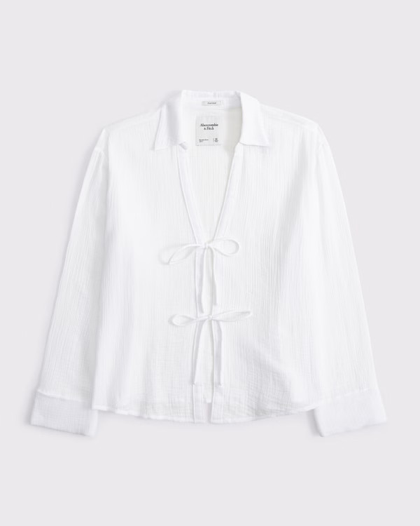 Long-Sleeve Oversized Tie-Front Gauzy Shirt | Abercrombie & Fitch (US)