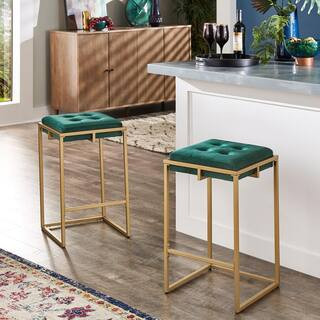 Green velvet button-tufted bar stools with gold frames, set of 2