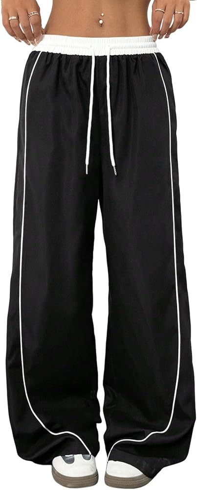 ZAFUL Womens Parachute Pants Y2K Wide Leg Cargo Sweatpants Drawstring Waist Jogger Pants with Poc... | Amazon (US)