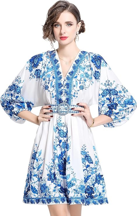 LAI MENG FIVE CATS Women's V-Neck Floral Print Lantern Sleeve Button up Belt Dress Casual Mini Dr... | Amazon (US)